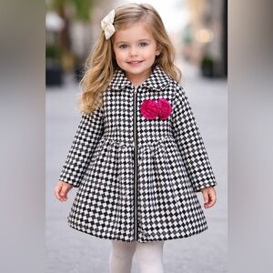 Penelope Mack Girls Black & White Houndstooth Coat PinkSatinLining Size 4T(1247)